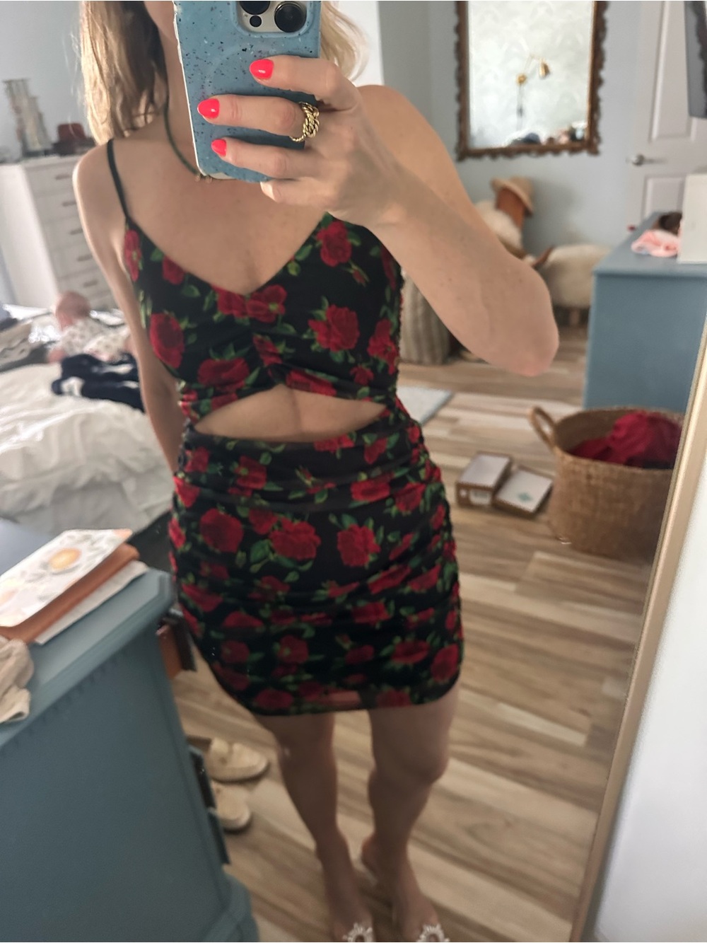 NBD x REVOLVE Black Ruched Cutout Mini Dress Red Rose Floral